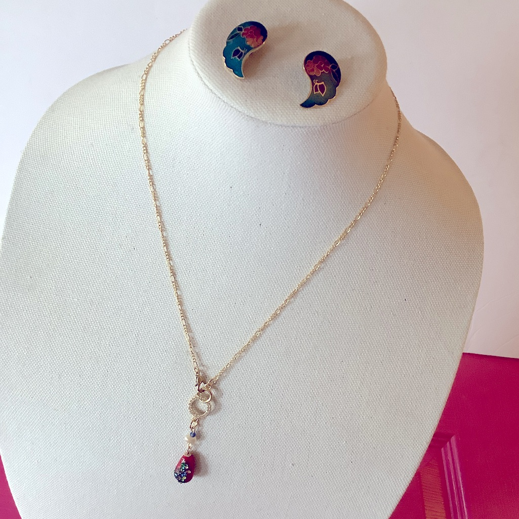 Vintage Cloisonn Earrings & Handmade Necklace 20.5” Multicolor Amazing Lot